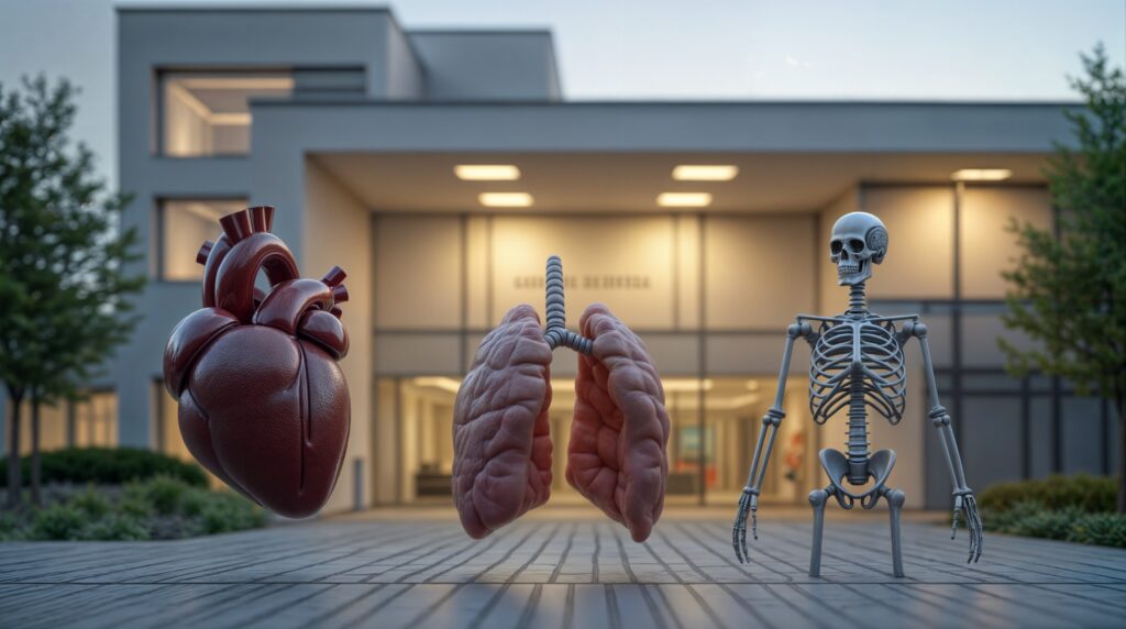Herz, Lunge und Skelett vor einem Klinikgebäude – Sinnbild für eine nach Organen gegliederte Klinik.